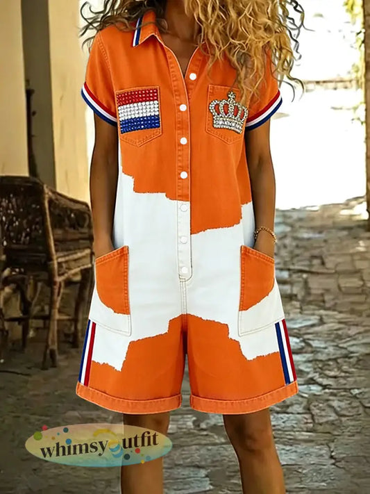 Dames retro koningsdag patchwork casual jumpsuit - Sinaasappel / S