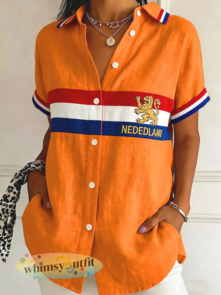 Dames retro koningsdag patchwork casual katoenen linnen blouse - Sinaasappel / S