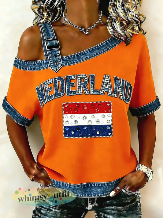 Dames retro koningsdag patchwork casual off-the-shoulder top - Sinaasappel / S
