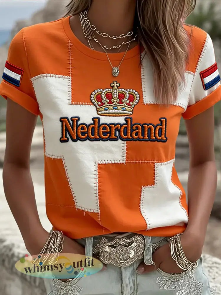 Dames Retro Koningsdag Patchwork Casual T-shirt - Sinaasappel / S