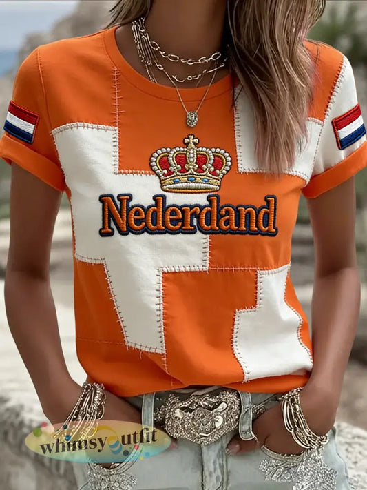 Dames Retro Koningsdag Patchwork Casual T-shirt - Sinaasappel / S
