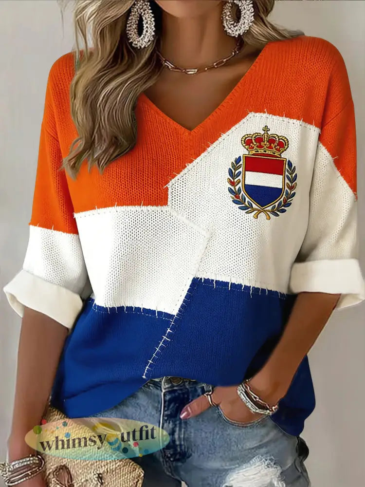 Dames retro koningsdag patchwork casual top - Sinaasappel / S