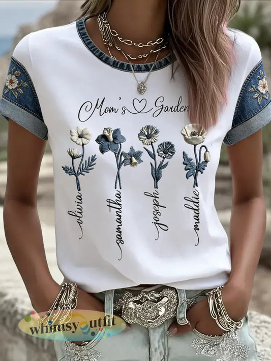 Dames Retro Moederdag Denim Floral Casual T-shirt - Wit / S