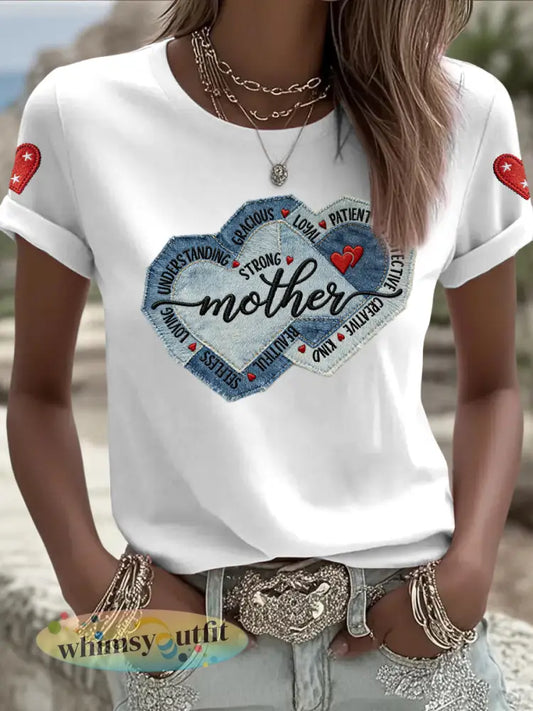 Dames Retro Moederdag Hartprint Patchwork Casual T-shirt - Wit / S
