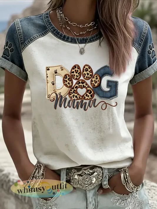 Dames Retro Moederdag Hond Casual T-shirt - Wit / S