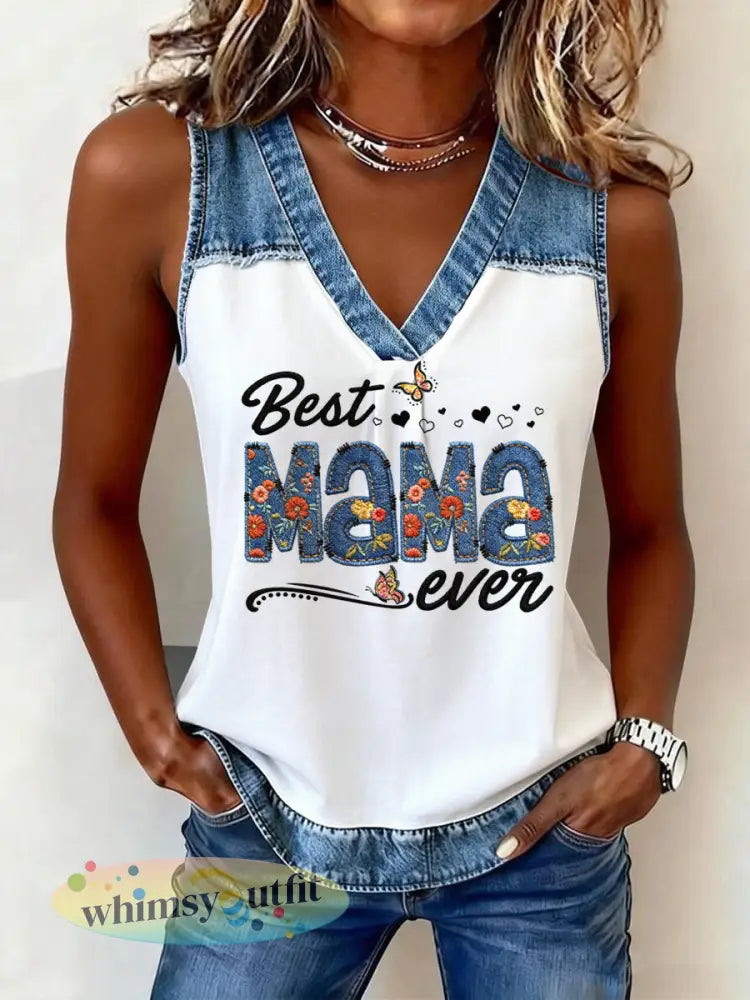 Dames Retro Moederdag Vlinder Bloemen Casual V-hals Tank Top - Wit / S