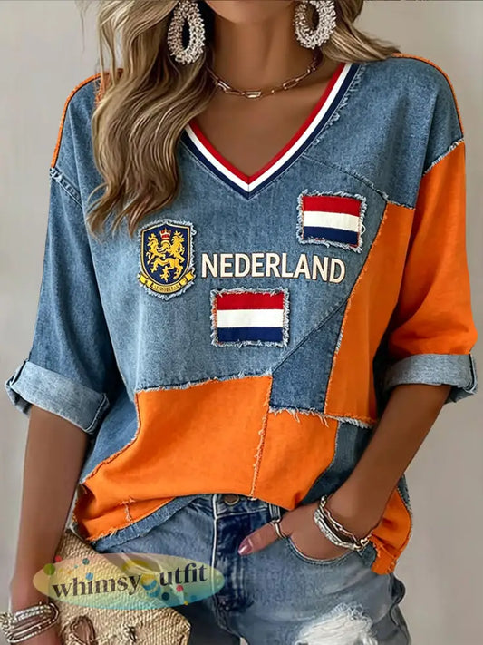Dames Retro Nederlands Embleem Patchwork Casual V-hals T-shirt - Sinaasappel / S