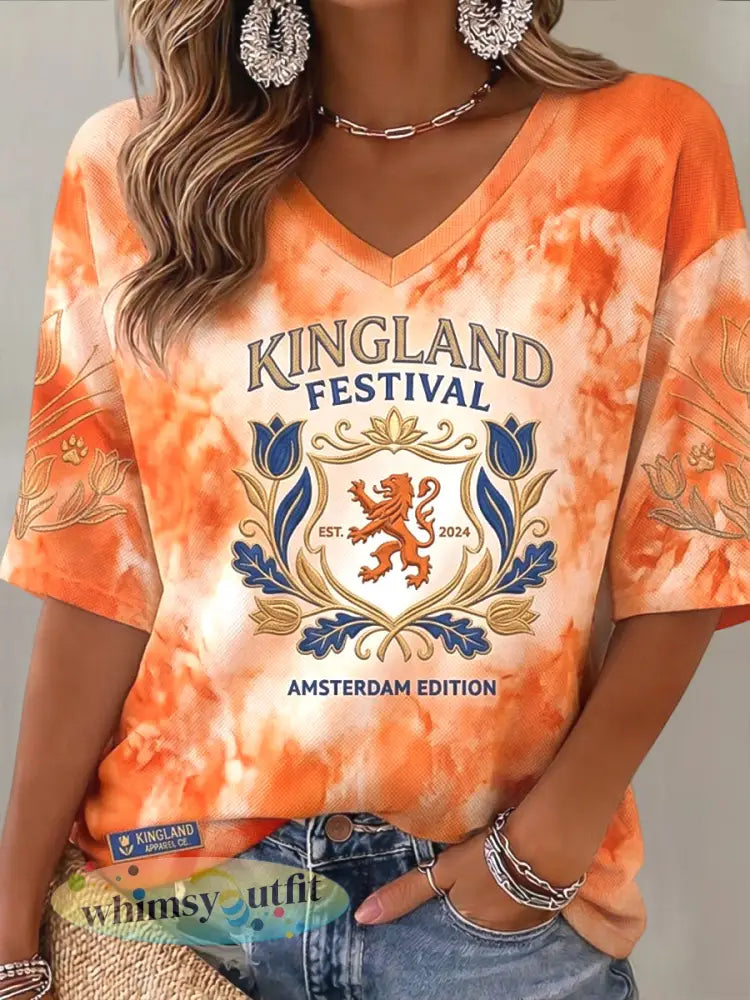 Dames Retro Nederlands Kingland Festival Tie-Dye V-hals T-shirt - Sinaasappel / S