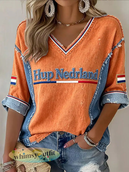 Dames Retro Nederlands Voetbal Denim Patchwork Print Casual V-hals T-shirt - Sinaasappel / S