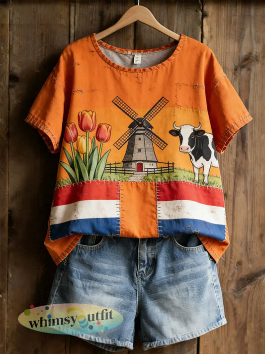 Dames Retro Nederlandse Culturele Symbolen Print Casual Shirt - Sinaasappel / S