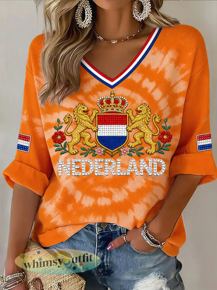Dames Retro Nederlandse Koningsdag Tie-Dye Casual V-hals Top - Sinaasappel / S