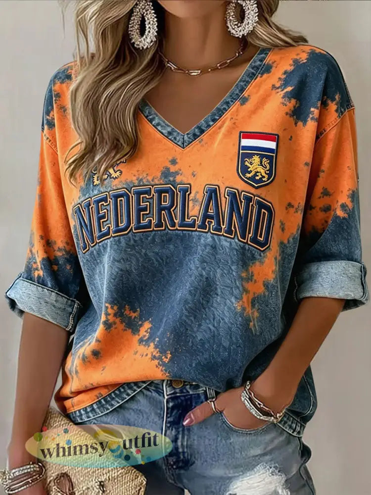 Dames Retro Nederlandse Leeuw Emblem Gradiënt Casual V-hals T-shirt