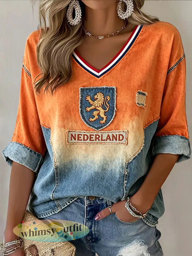 Dames Retro Nederlandse Leeuw Emblem Gradiënt Patchwork V-hals T-shirt - Sinaasappel / S