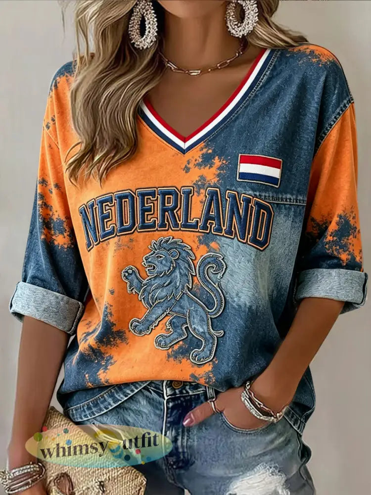 Dames Retro Nederlandse Leeuw Patchwork Casual V-hals T-shirt - Sinaasappel / S