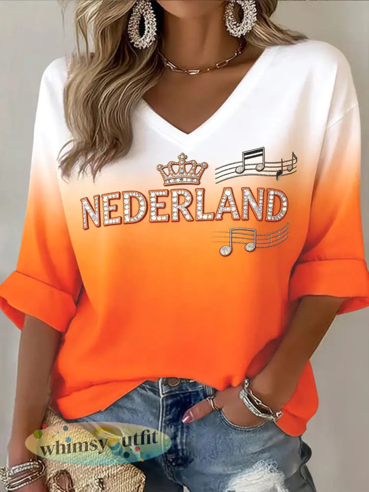 Dames Retro Nederlandse Muziek Festival Note Casual V-hals T-shirt - Sinaasappel / S