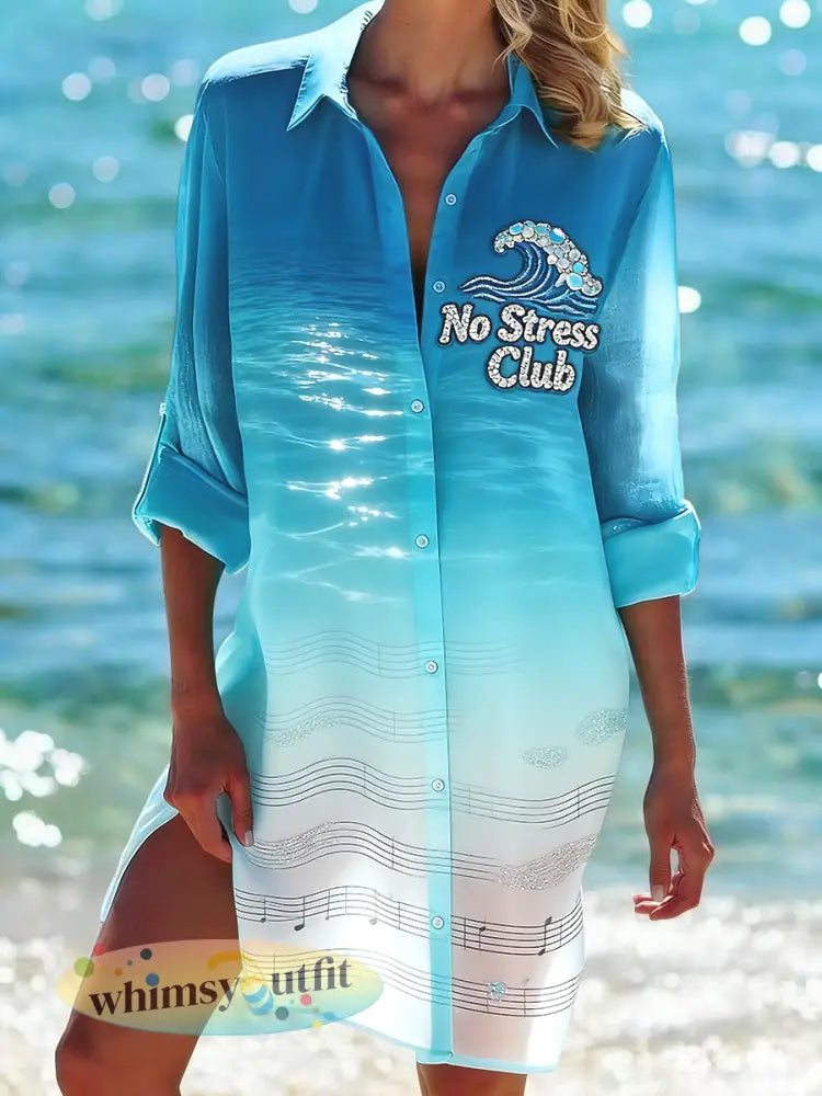 Dames Retro Nederlandse Seaside Muziek Festival Gradiënt Casual Shirt Jurk - Blauw / S