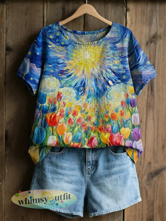 Dames Retro Olieverfschilderij Starry Sky Tulp Print Casual shirt met korte mouwen - als foto / S