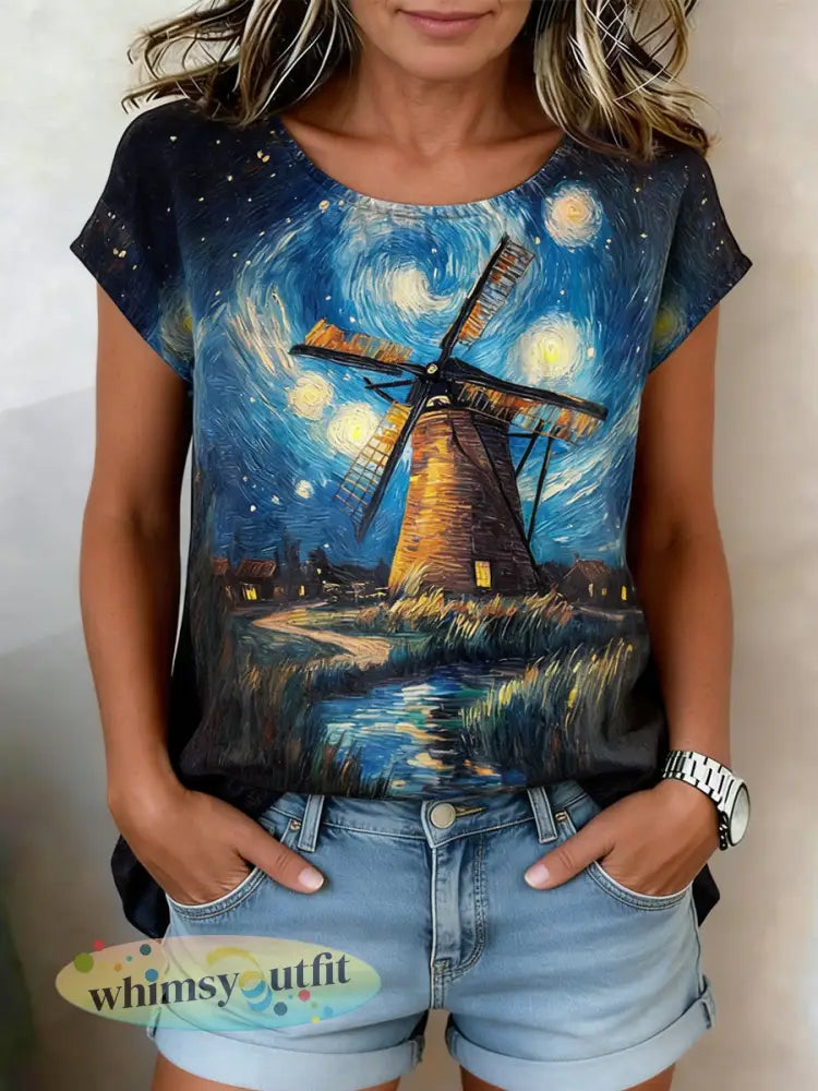 Dames retro olieverfschilderij sterrenhemel windmolenprint met korte mouwen