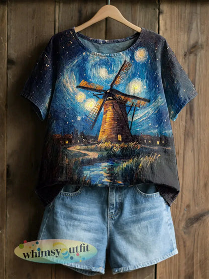Dames retro olieverfschilderij sterrenhemel windmolenprint met korte mouwen - als foto / S