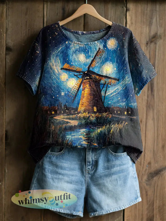 Dames retro olieverfschilderij sterrenhemel windmolenprint met korte mouwen - als foto / S