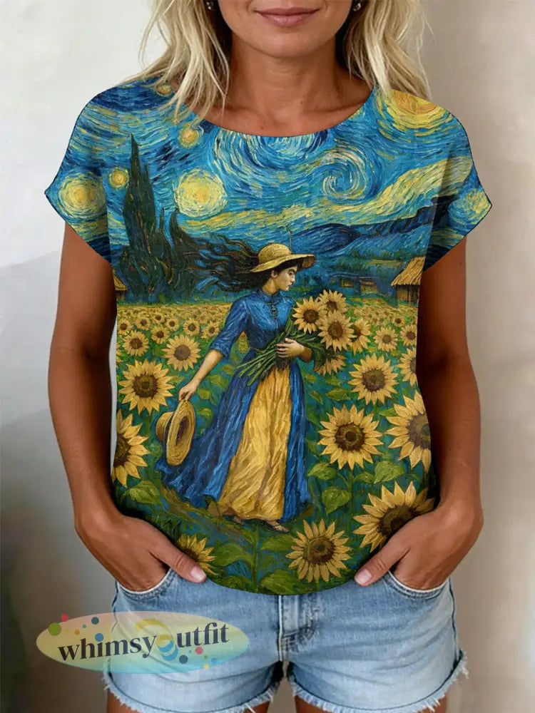 Dames retro olieverfschilderij sterrenhemel zonnebloemprint korte mouw