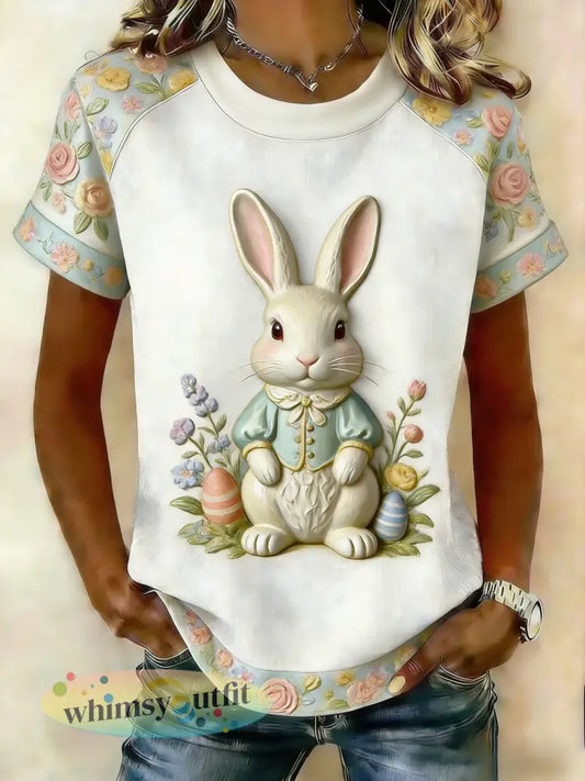 Dames Retro Schattige Bunny Paaskoneel T-shirt met korte mouwen - Wit / S