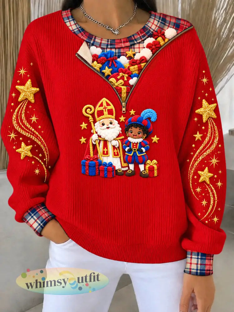 Dames Rood Nederlands Sint-Nicolaas’ Dag Tweedelige Bedrukte Casual Sweatshirt Set - Rood / S