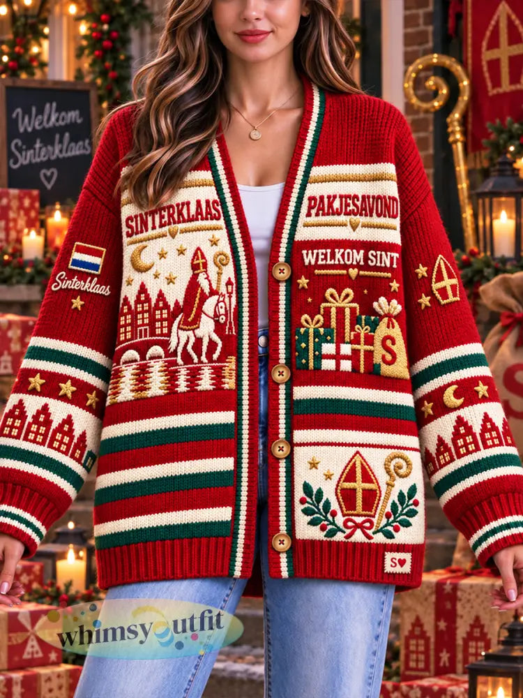 Dames rood Nederlands Sint-Nicolaasdag patchwork print casual V-hals vest - Rood / S