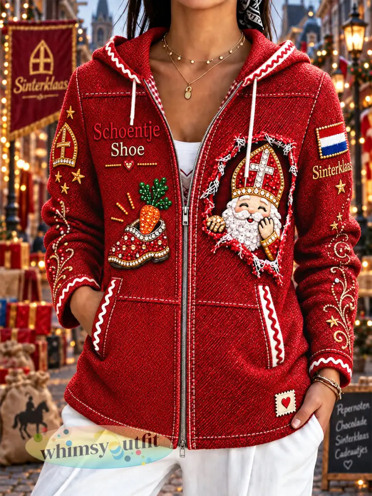 Dames rood Nederlands sinterklaas dag print casual jas met capuchon - Rood / S