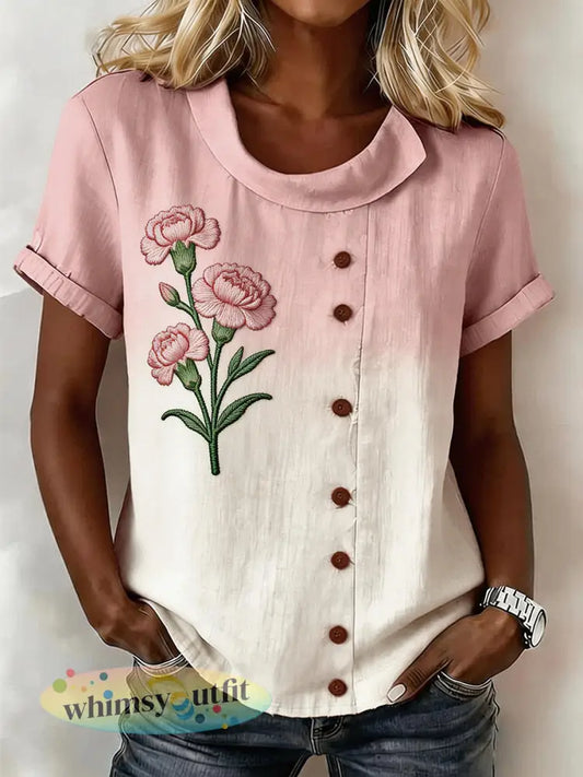 Dames roze anjer bloemenpatroon linnen blend shirt - als foto / S