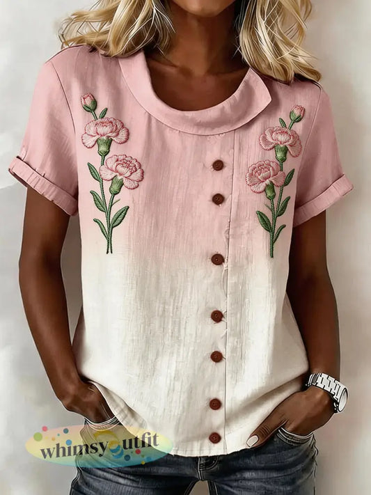 Dames roze anjer bloemenpatroon linnen blend shirt - als foto / S