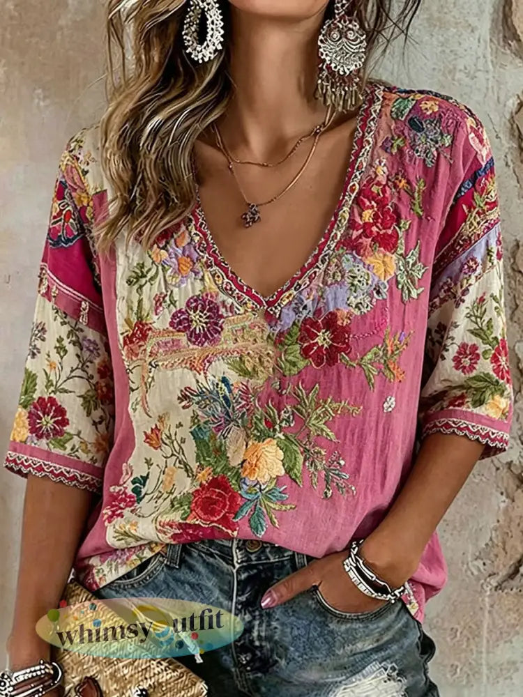 Dames roze casual T-shirt met bloemenprint - Roze / S