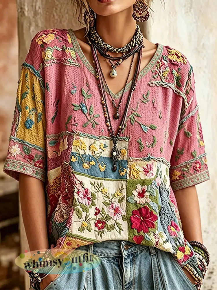 Dames roze casual T-shirt met bloemenprint - Roze / S
