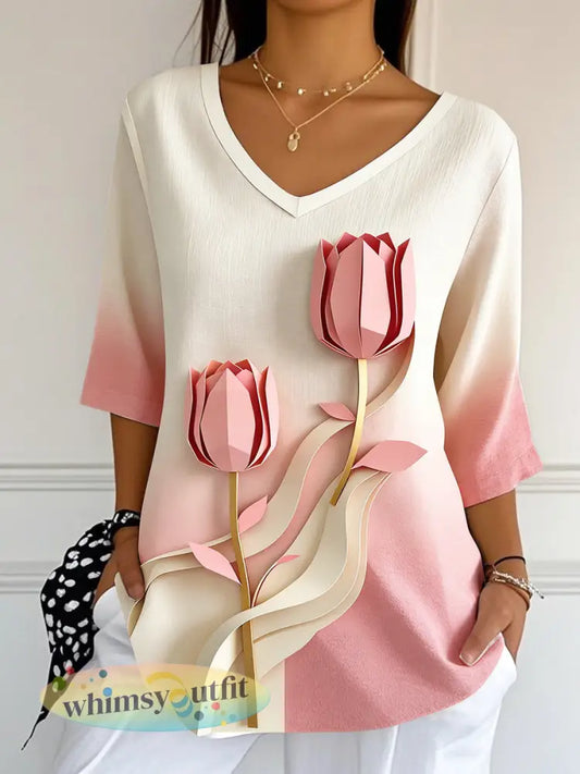 Dames roze gradiënt 3D tulpenprint moederdag cadeau casual V-hals T-shirt - Roze / S