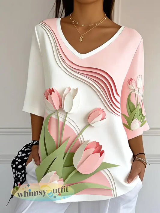Dames roze tulp 3D print moederdag cadeau casual V-hals T-shirt - Roze / S