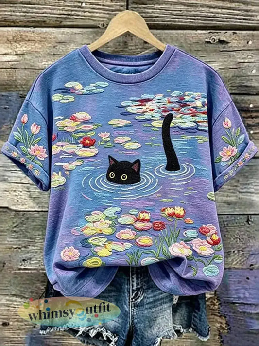 Dames schattig bloemenkat t-shirt met korte mouwen - als foto / S