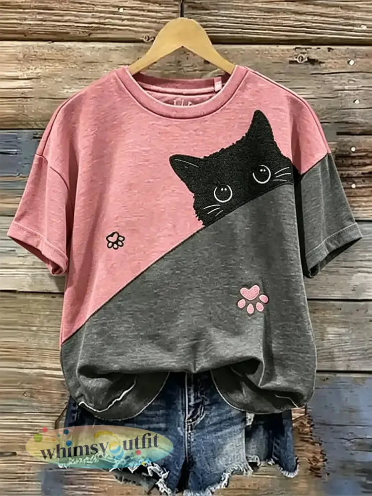 Dames schattig bloemenkat t-shirt met korte mouwen - als foto / S