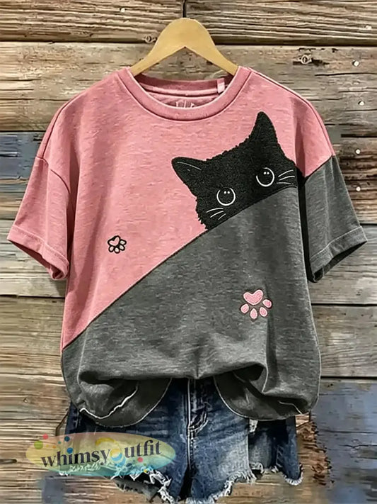 Dames schattig bloemenkat t-shirt met korte mouwen - als foto / S