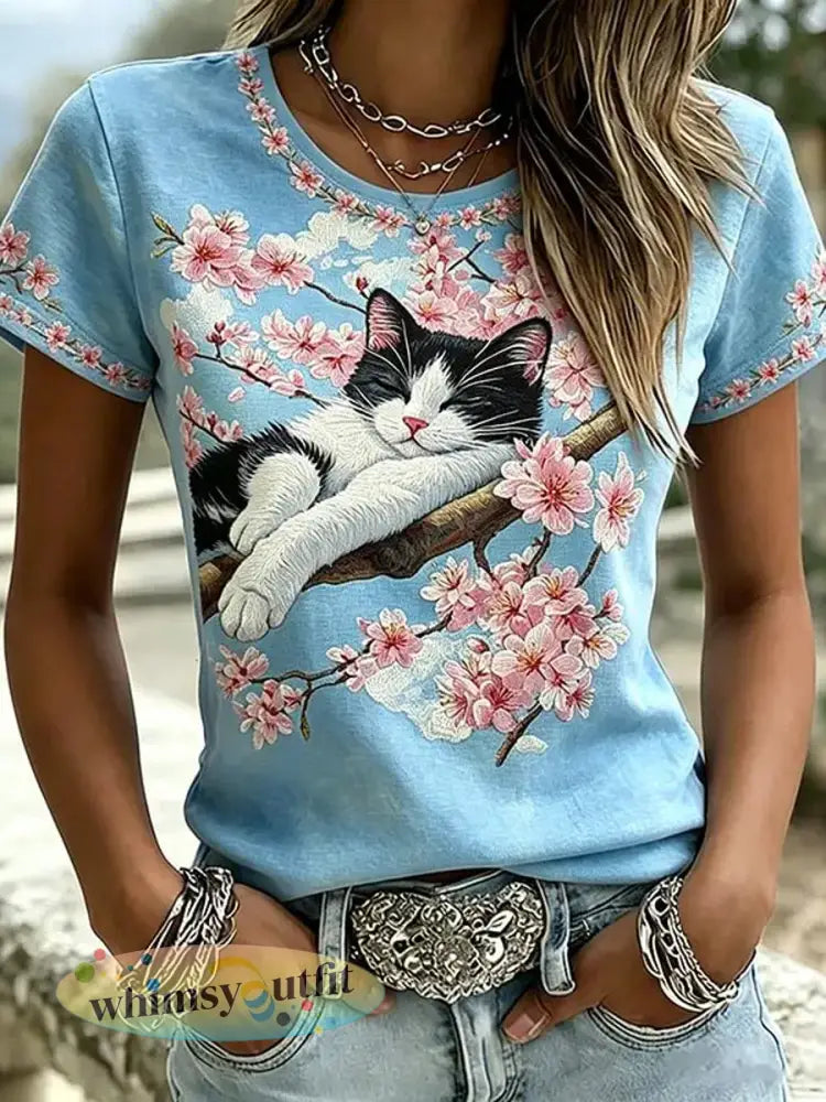 Dames schattig bloemenkat t-shirt met korte mouwen - Lichtblauw / S