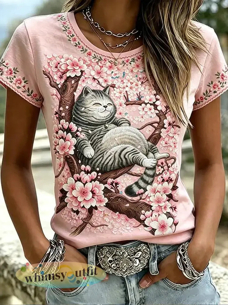 Dames schattig bloemenkat t-shirt met korte mouwen - Lichtroze / S