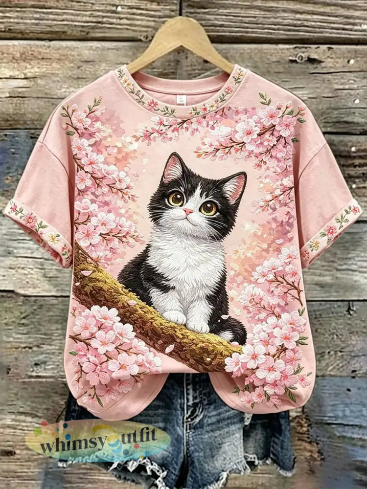 Dames schattig bloemenkat t-shirt met korte mouwen - Lichtroze / S
