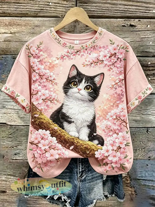 Dames schattig bloemenkat t-shirt met korte mouwen - Lichtroze / S