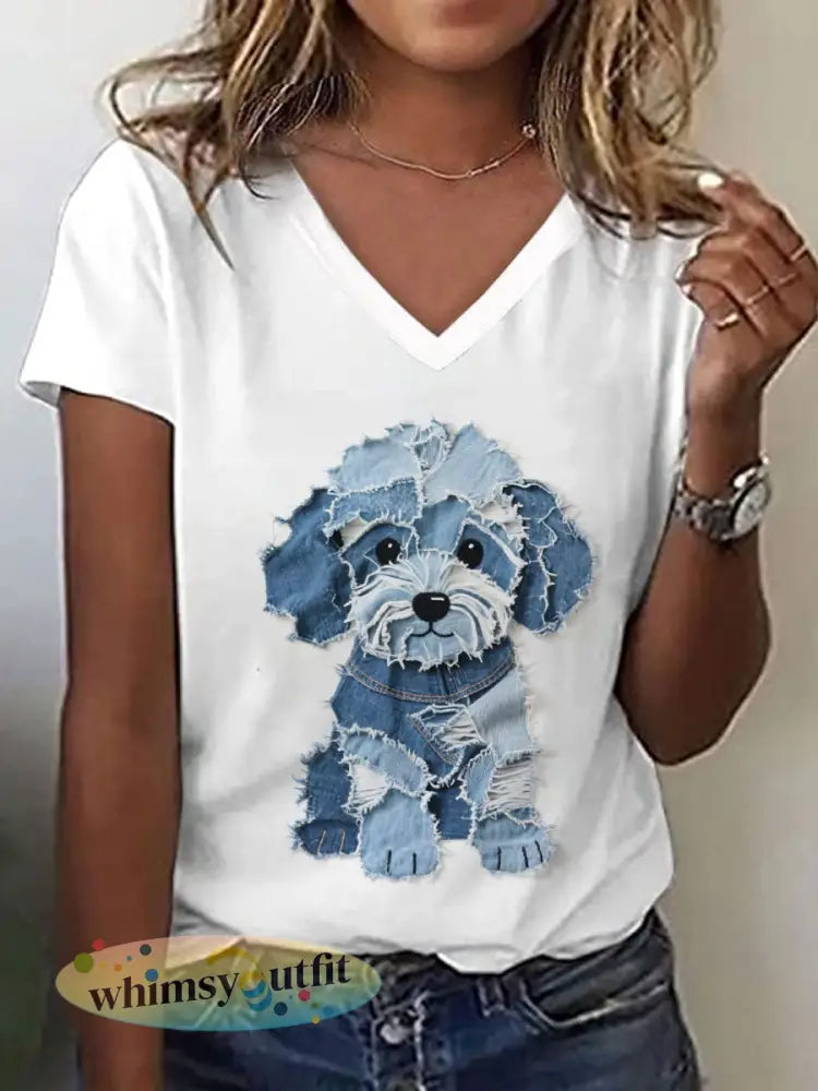 Dames schattig hond patchwork kunst V-hals T-shirt - Wit / S