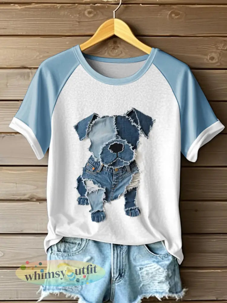 Dames schattig hondenpatroon patchwork kunst T-shirt - Lichtblauw / S