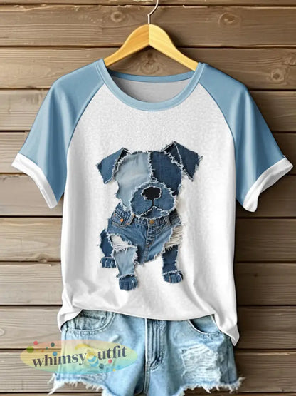 Dames schattig hondenpatroon patchwork kunst T-shirt - Lichtblauw / S