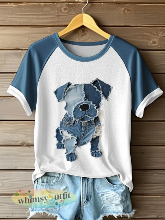 Dames schattig hondenpatroon patchwork kunst T-shirt - Marineblauw / S