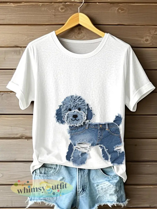 Dames schattig hondje denim patchwork art-t-shirt - Wit / S