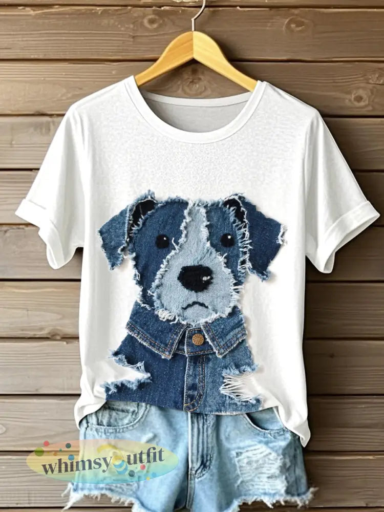 Dames schattig hondje denim patchwork art-t-shirt - Wit / S