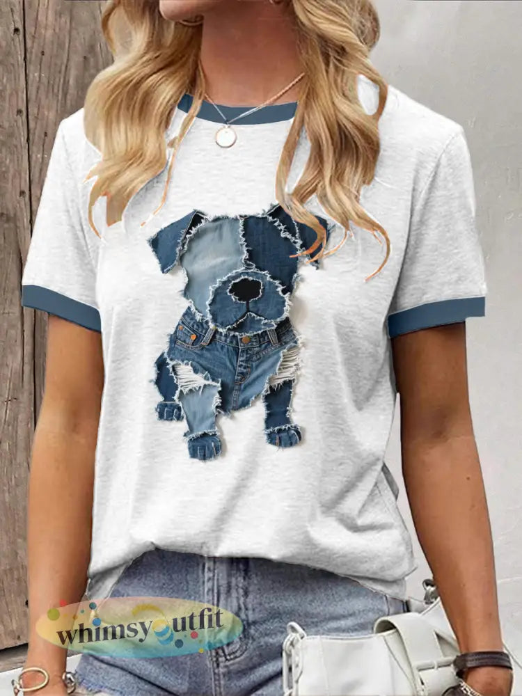 Dames schattig hondje denim patchwork art-t-shirt - Wit / S