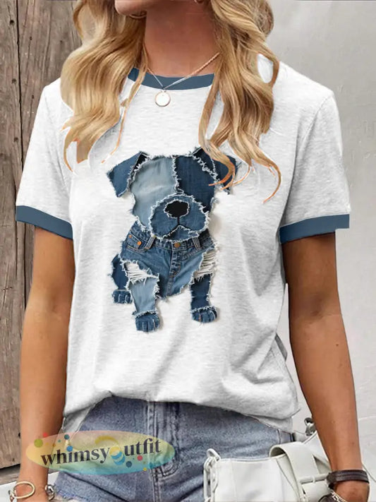 Dames schattig hondje denim patchwork art-t-shirt - Wit / S